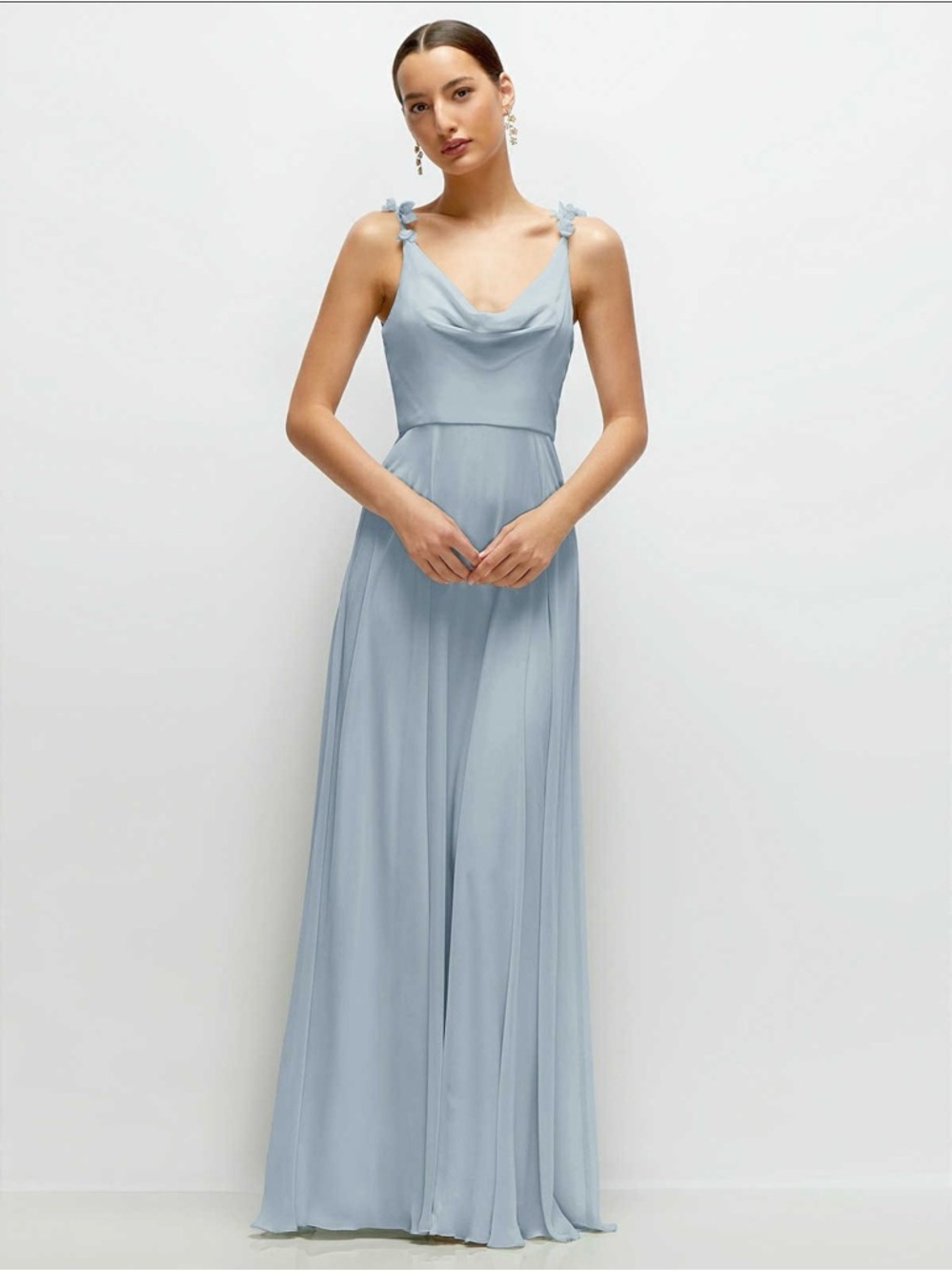 Cowl Neck Chiffon Maxi Dress with Handworked Petal Straps in Mist color